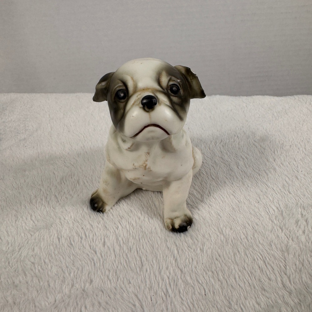 Vintage Ceramic Bulldog Puppy Figurine Black White Sitting Dog 4" Unmarked